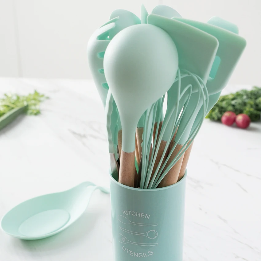 

13PCS Silicone Cooking Utensils Set Non-Stick Baking Tools Beech Handle Kitchenware Slotted Turner Spoon Food Tongs Kitchen Kit