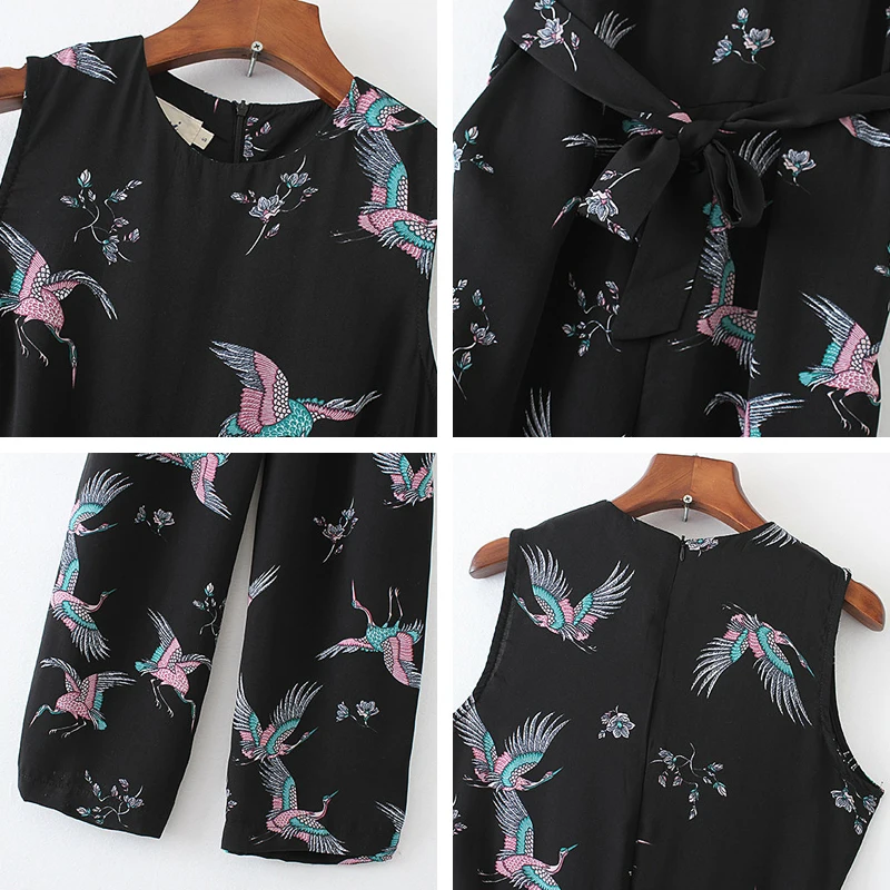 

HStar 2020 spring summer bird print O-neck sleeveless belt sashes ankle-length jumpsuits bow waist