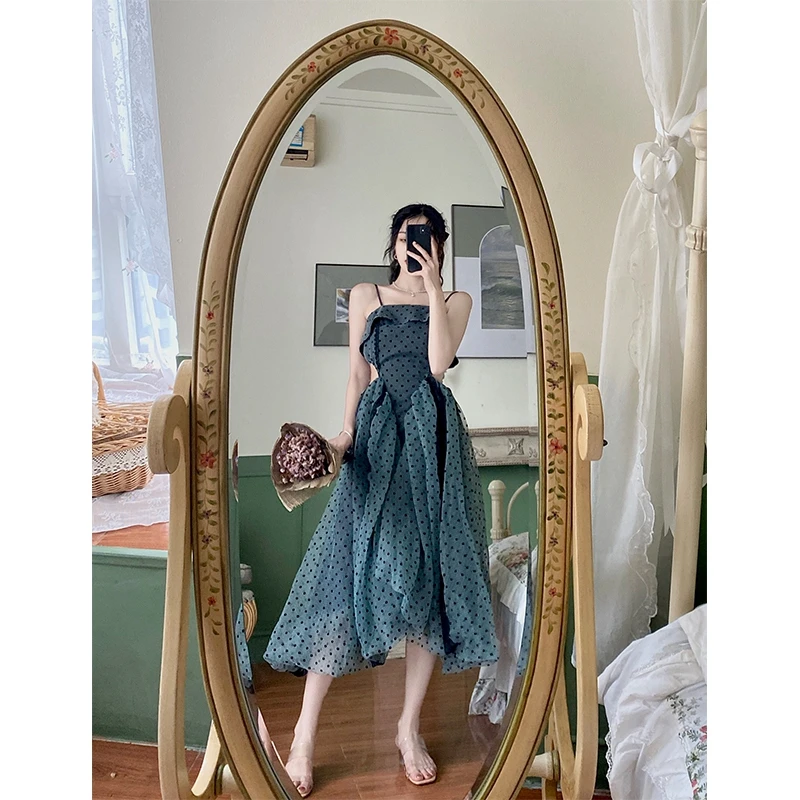 

2021 Hepburn style sweet and salty dress long over ankle strap fairy skirt light mature style, female temperament summer style