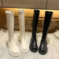 2022 Knee High Boots Women Shoes Leather Platform Riding Boots Black Flat Over The Knee Boots Gothic Shoes Beige Round Toe Boots