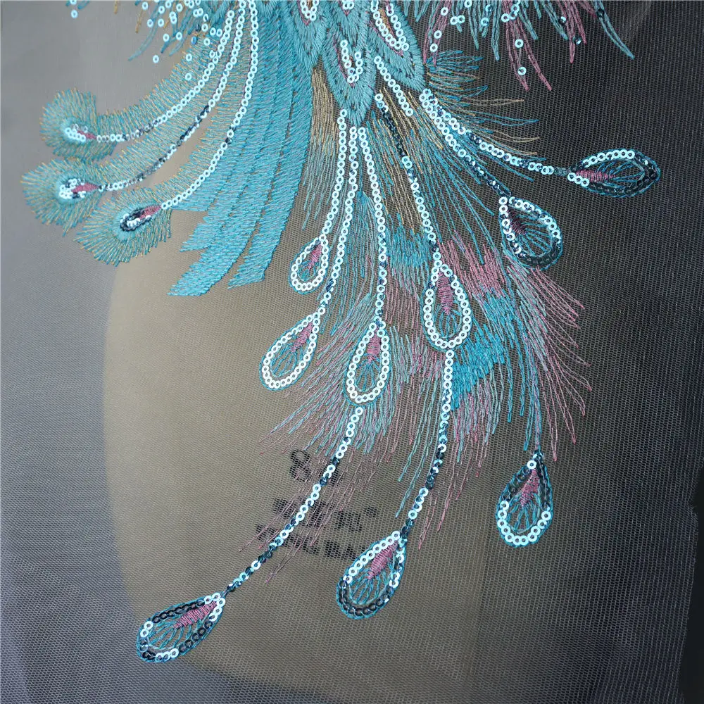 Голубое кружево с блестками Феникс павлин Аппликации мечтательная вышитая ткань
