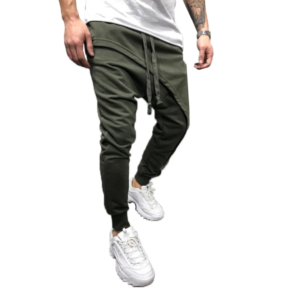 

2020 New Sporty Men Solid Color Drawstring Asymmetric Double Layer Long Running Pants men clothing