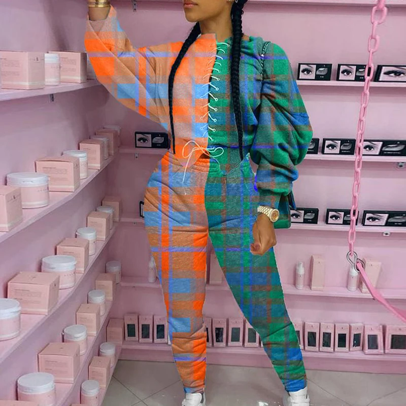 

2020 Fashion Patchwork Two Piece Set For Women Vintage Bandage Tracksuit And Elastic Waist Pants Suit Female Casual Sport Outfit