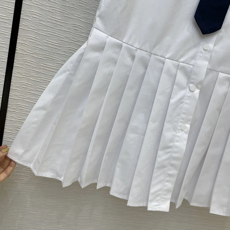 

High-end England Preppy Style Mini Women Short Sleeves Casual Pleated Dresses Runway Turn-down Collar with Tie White Dress
