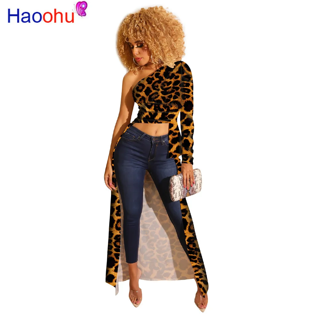 Женская леопардовая Футболка с принтом пейсли асимметрия на плечо высоким