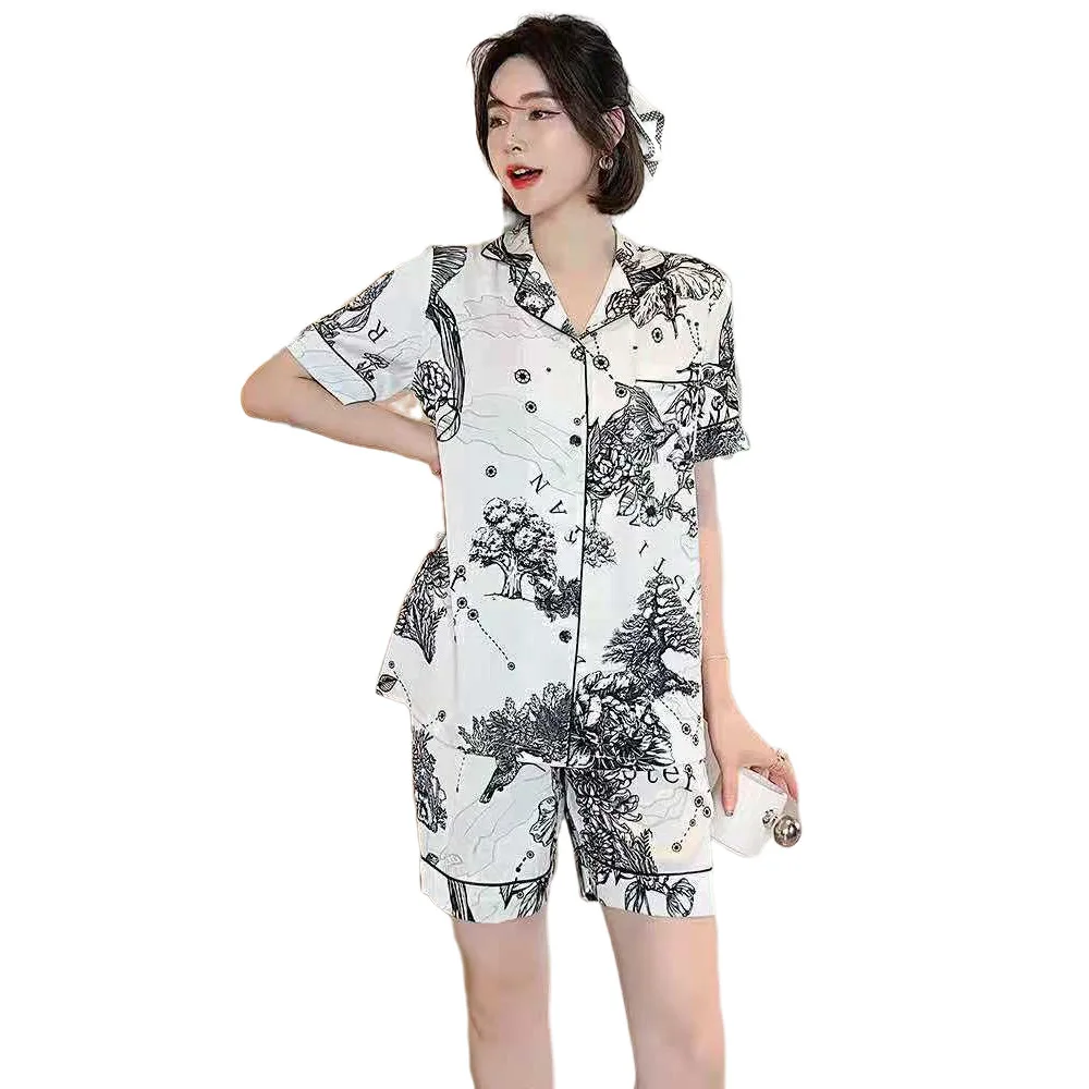 

Summer Couple Pajamas Set Short Sleeve Women Top & Bottoms PJS Chinese Style Print Tree Flowers Sleepwear Pyjama Pour Femme