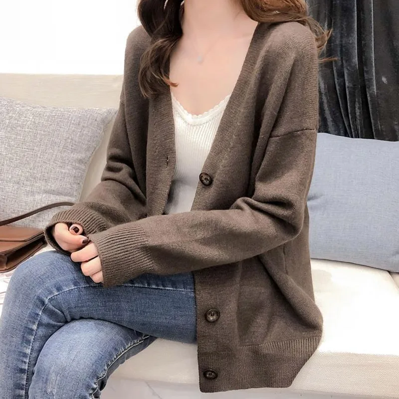 

Cardigan Coat Ladies Solid Color V-Neck Knitted Long-Sleeved Cardigan Autumn Winter Korean Style Fashion Simple