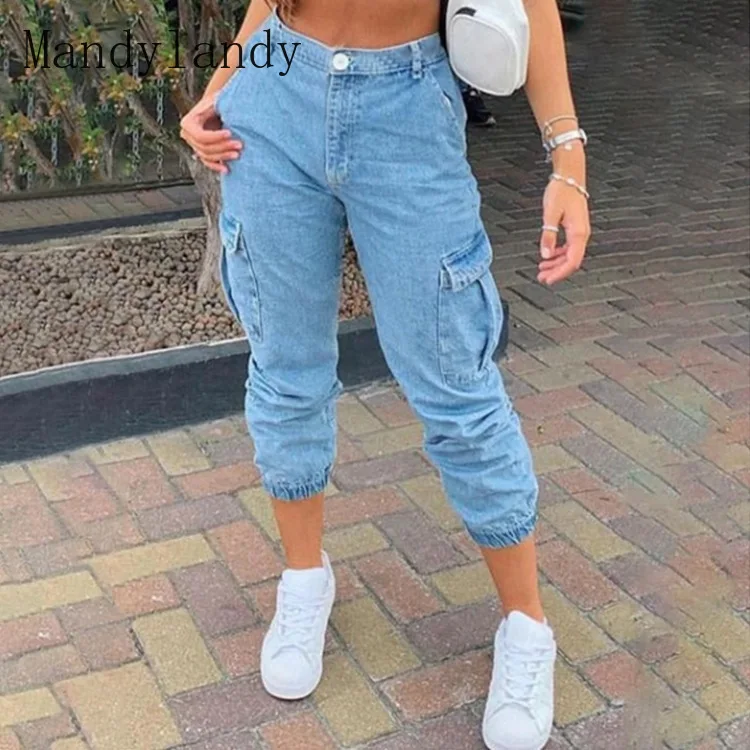 

Mandylandy Jeans Autumn Fashion Button High Waist Denim Pencil Pants Women's Casual Solid Color Pocket Stitching Jeans