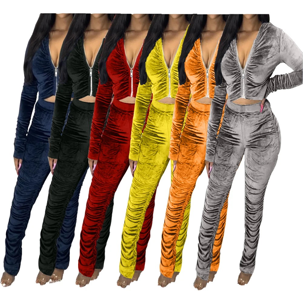 

Winter Velvet Stacked Women's Set Zipper Hoodies Ruched Pants Set Sport Tracksuit Two Piece Outfit Active Sweatsuit