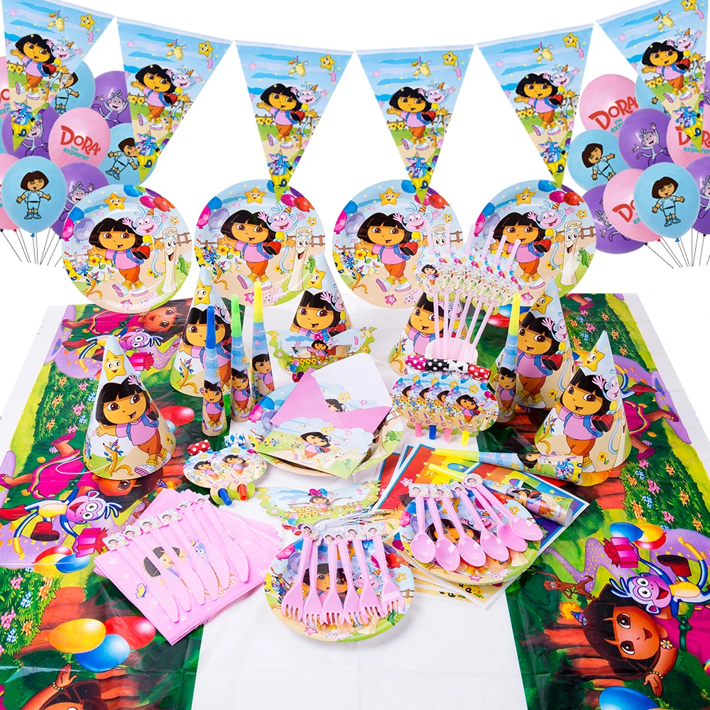

2022 New Dora the Explorer Kids Birthday Party Decor Disposable Cutlery Set Paper Cup Plate Napkin Dora Party Baby Shower Gift