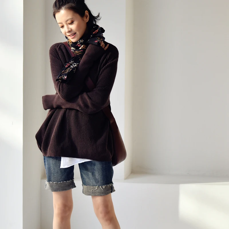 Свитер женский осенне-зимний из чистого хлопка с V-образным вырезом и рукавами