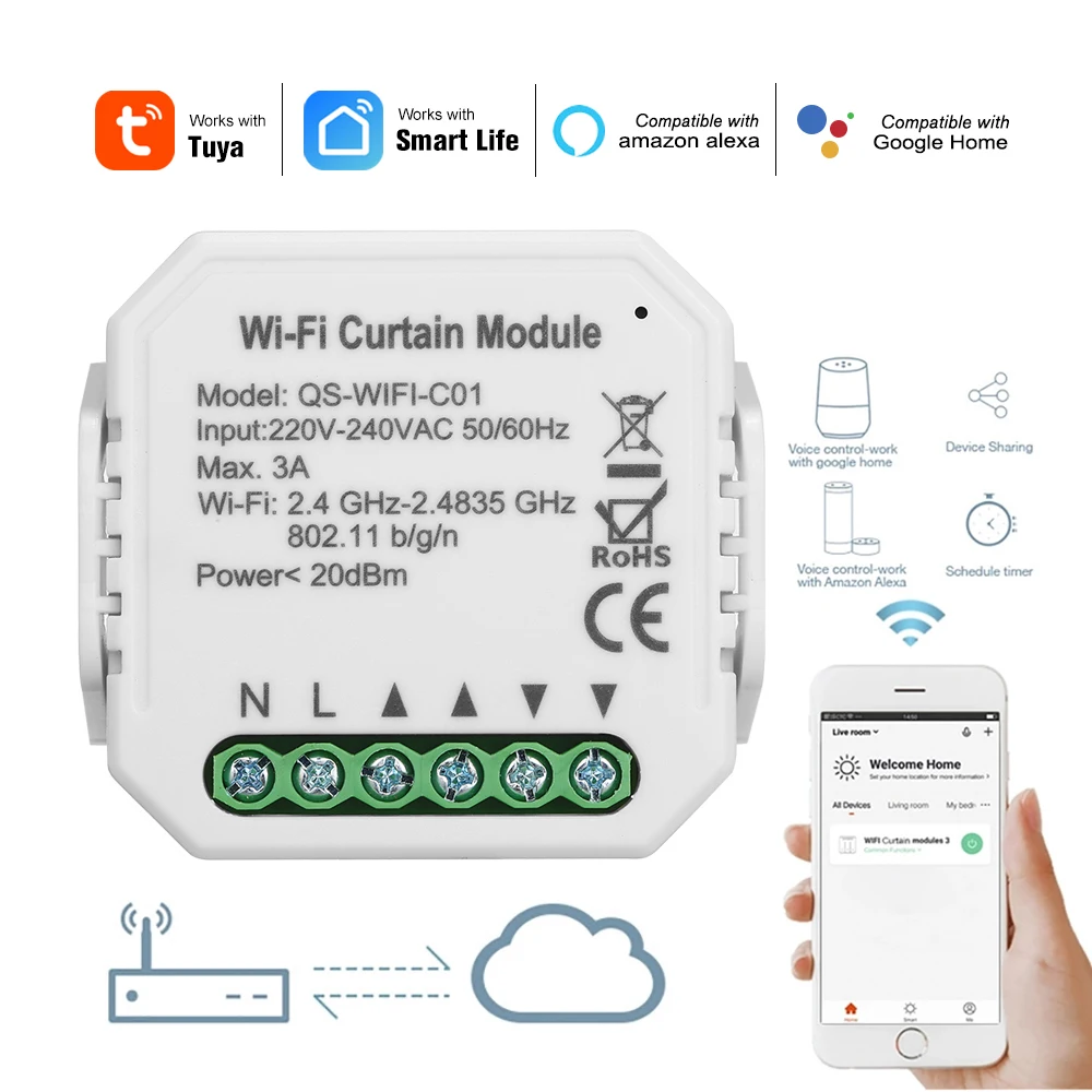 

Умный модуль для занавесок Smart Life с Wi-Fi, модуль переключателя с роликовым затвором, работает с Alexa Google Home
