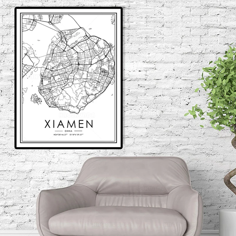 Карта городов мира XIAMEN черно-белый холст ландшафтный плакат принты в