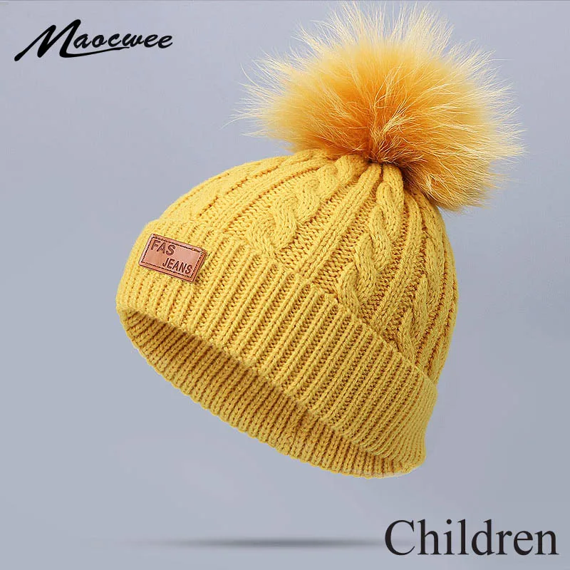 Милая Детская Зимняя Шапка бини с натуральным цветным меховым помпоном уличные