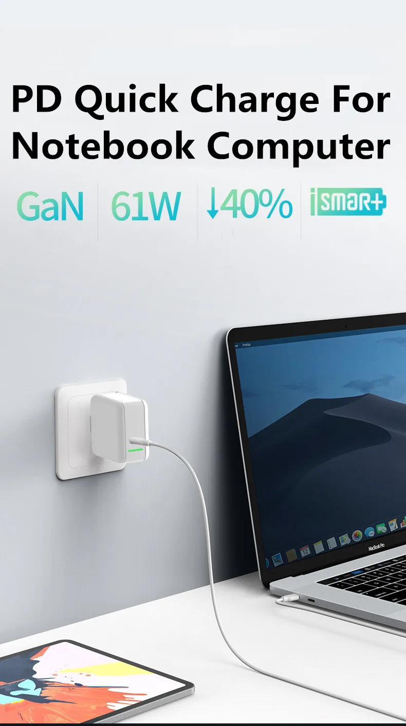 RubRab PD 61 Вт GaN USB Type C зарядное устройство для MacBook Air iPad iPhone 11 Pro Samsung Huawei ASUS Mini