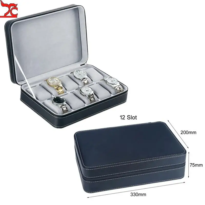 Travel Watches Box Black Pu Leather Jewelry Storage Box with Zipper Multifunction Bracelet Bangle Chain Carrying Cases Gift Box