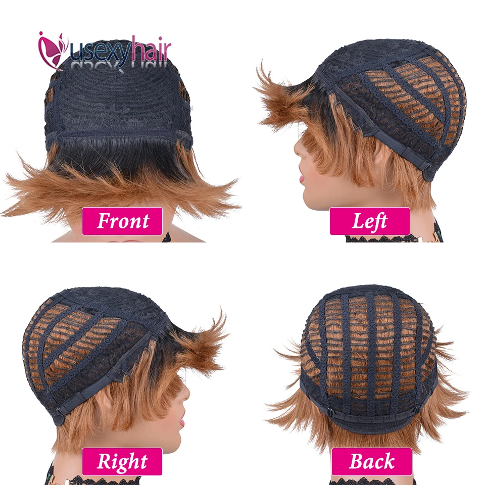 

USEXY Pixie Cut Straight Wig Short Wigs Peruvian Wig Mix Color 150% Density Remy Human Hair Wigs For Black Women