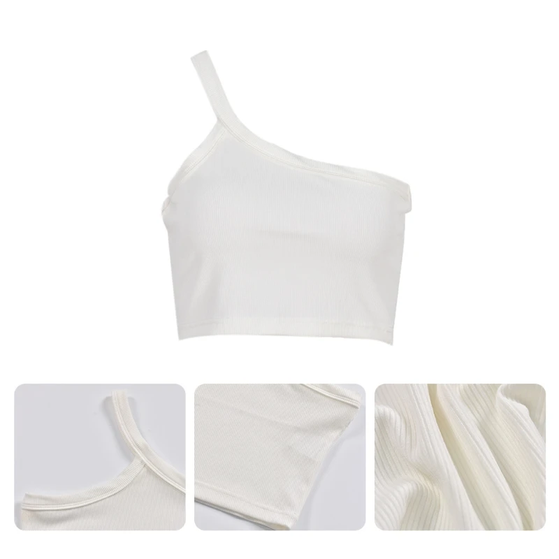 

Women Summer Single Oblique One Shoulder Tank Top Ribbed Knitted Slim Sleeveless Camisole Sexy Cutout Backless Basic Crop K4UB