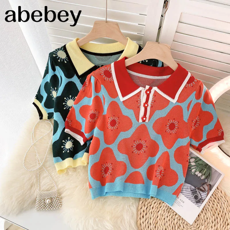 

Блузка женская трикотажная, жаккардовая, с отложным воротником и коротким рукавом, лето