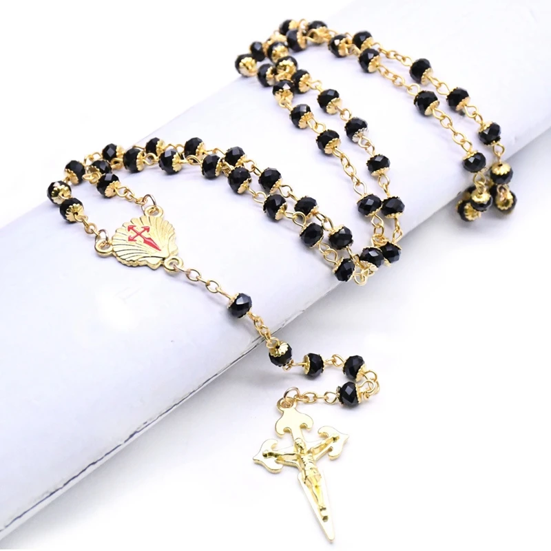 QIGO Santiago Cross Rosary Necklace Gold Black Crystal Catholic Religious Jewelry | Украшения и аксессуары
