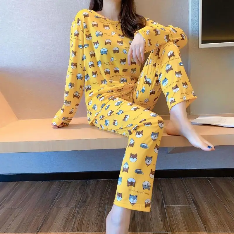 

Pajamas Thin Suit Women Fashion Round Neck Long Sleeves Printed Loose 2/pce Set