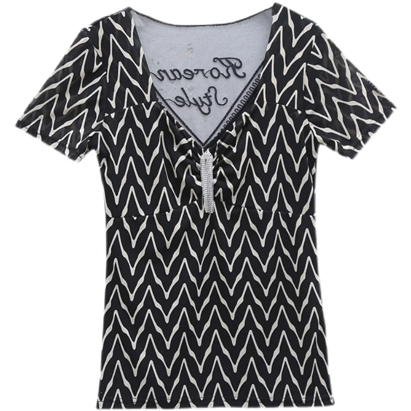 

New 2021 Summer Short Sleeve Sexy Diamond Buckle V-neck Mesh Tops Fashion Casual Leopard Shirt Plus Size Blusas