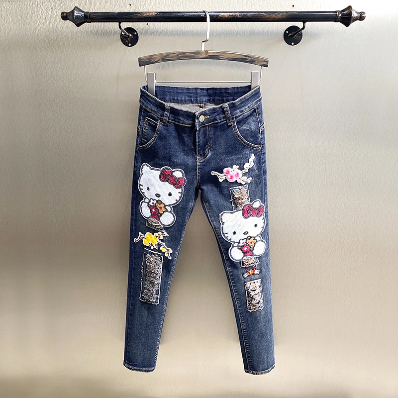 

2022 New Spring Autumn Women Jeans Sequins Cartoon Hole Slim High Waist Pencil Denim Pants Casual Long Trousers Students