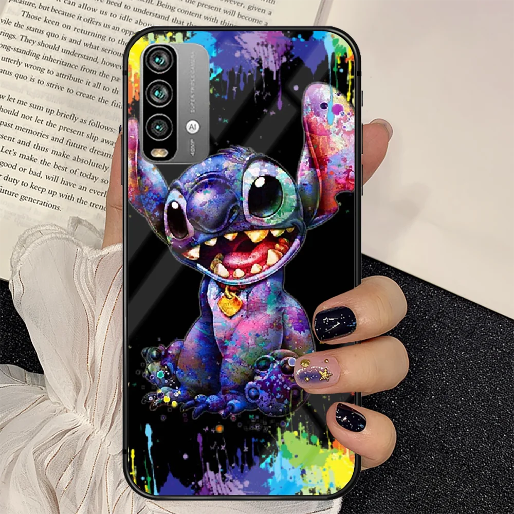 

Cute Cartoon Blue Stitchs Phone Tempered Glass Case Cover For Xiaomi Redmi note k 7 8 9 10 30 40 A C T S Pro Cell Bumper
