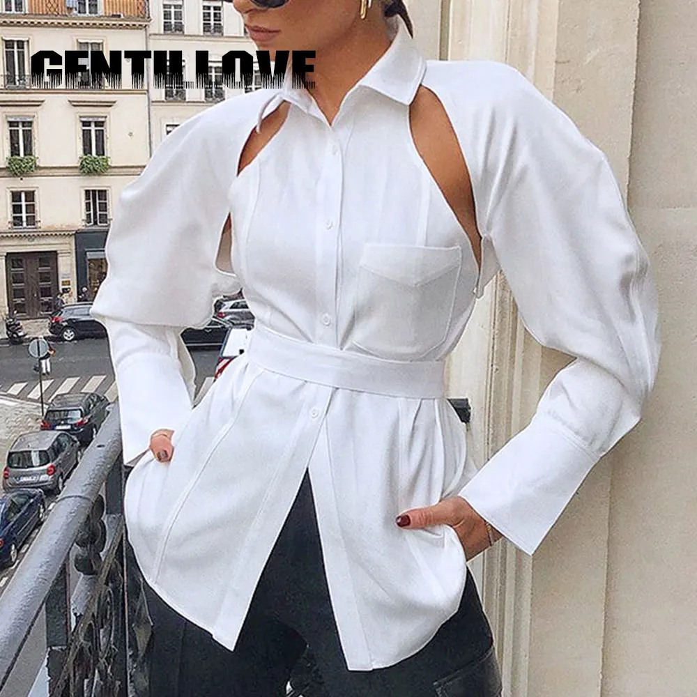

Fashion Designed Women Turn-Down Collar Shirts Casual Long Sleeve Single-Breasted Shirts Slim Solid Color Tie Back White Blouses