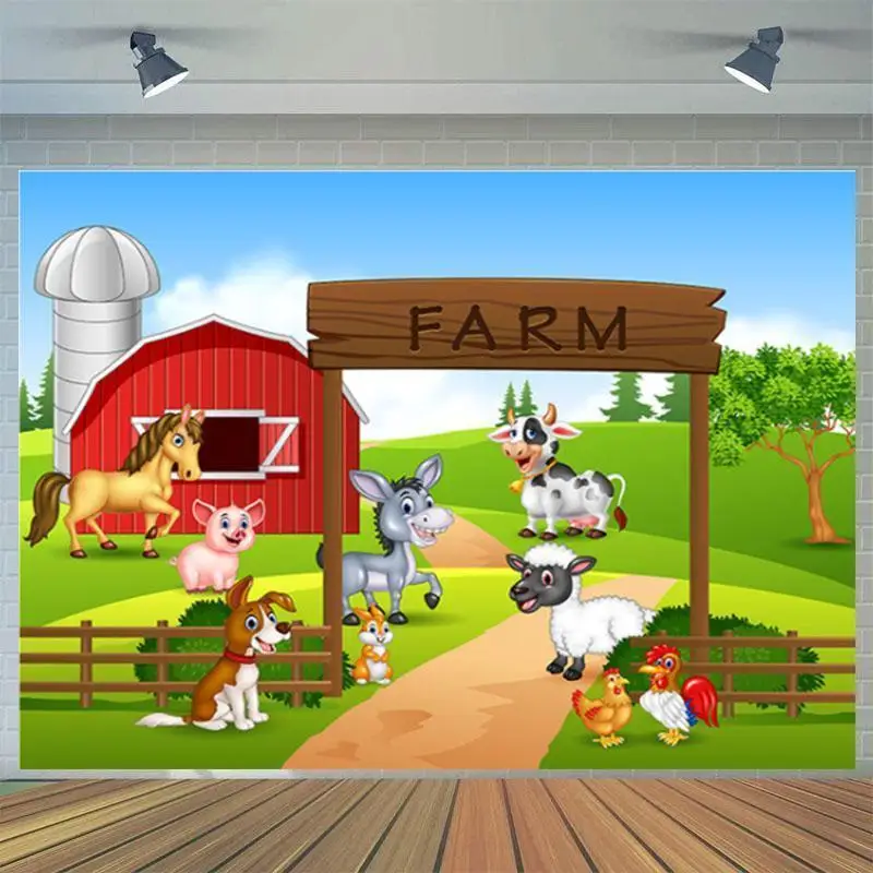 

Cartoon Cow Dog Donkey Animal Farm Background Boy Birthday Party Picture Photography Studio Backdrop Room Table Decoration