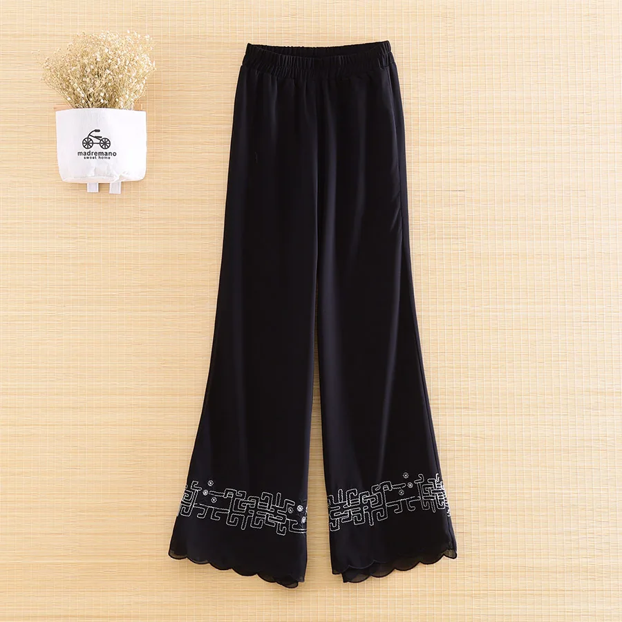 High-end Women Floral Wide Leg  Pants Vintage Royal Embroidery Lady Beautiful Spring Autumn Trousers Female S-XXL