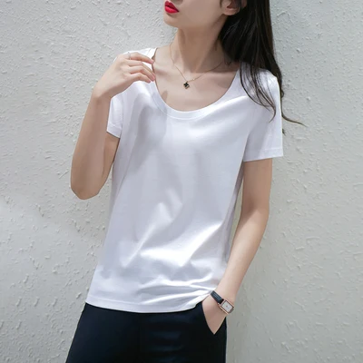 

HAN Short-sleeved women's summer new mercerized cotton silk T-shirt big round neck loose solid color simple bottoming shirt