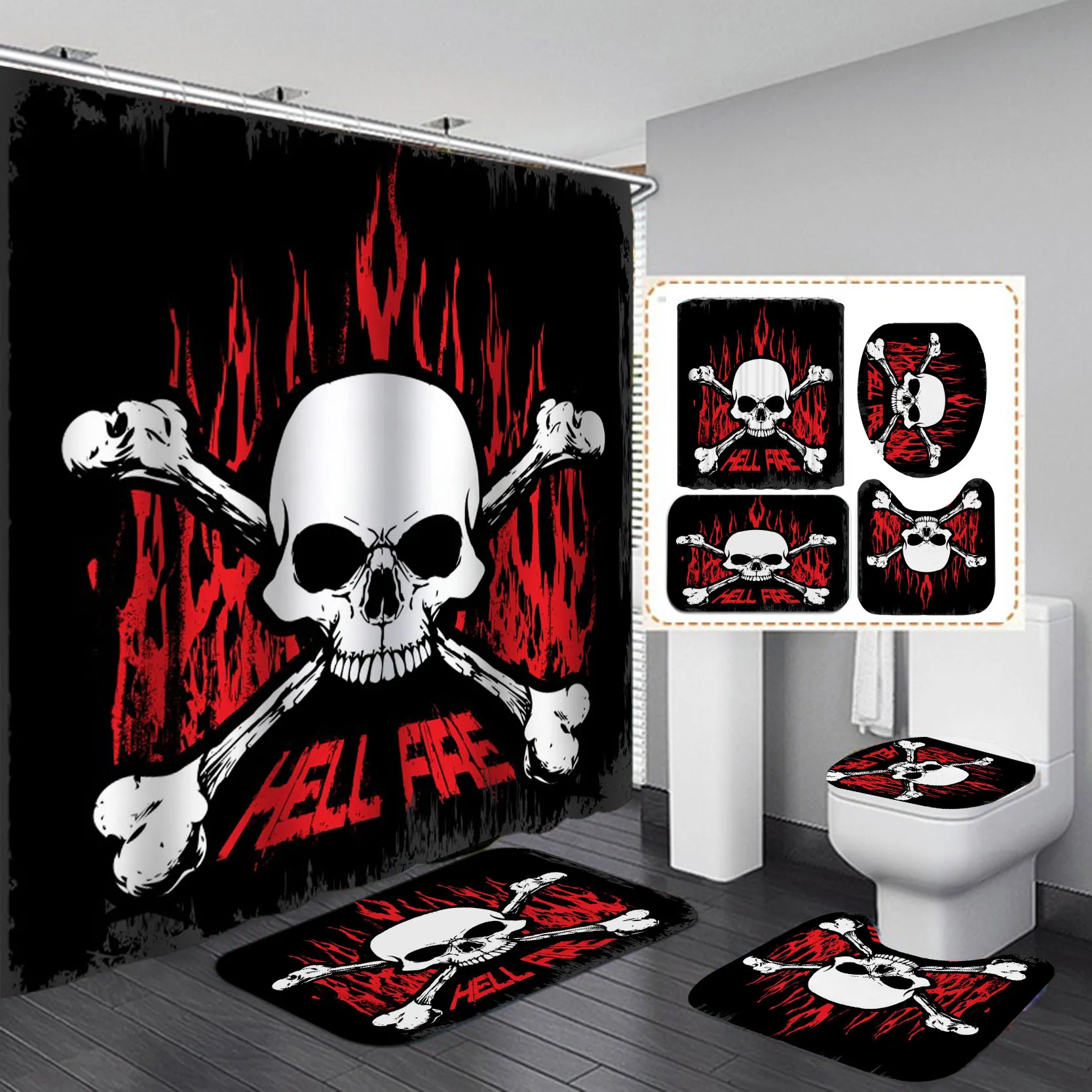 funny skull skeleton print shower curtain set halloween festival home decor bath mat toilet lid cover flannel bathroom carpet free global shipping