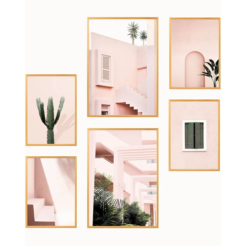 

Portugal Lisbon Building Pink Photo Nordic Posters And Prints Art Canvas Painting green Cactus Wall Pictures Living Room Decor