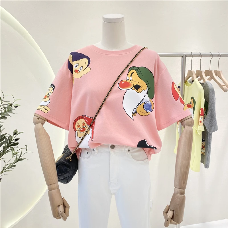 

Cute Printed O-Neck Short Sleeve T-shirt for Women Korean Fashion Cartoon Pattern Cotton Tshirt Student Loose Casual Top Summer
