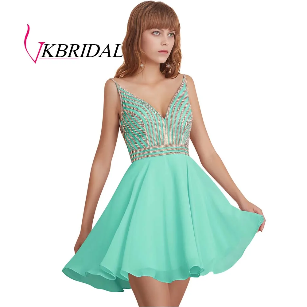 VKBRIDAL сексуальное короткое платье с v-образным вырезом для выпускного вечера Новое шифоновое бисерное милое платье с v-образным вырезом сзади - Цвет: mint