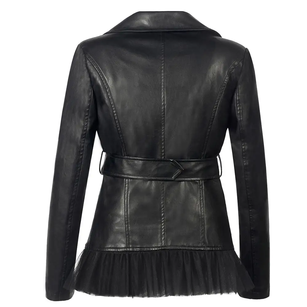 New Women Autumn Winter Black PU Faux Leather outerwear Zipper Button Turndown Collar Coat slim Moto Biker gauze Hem Belt Jacket enlarge