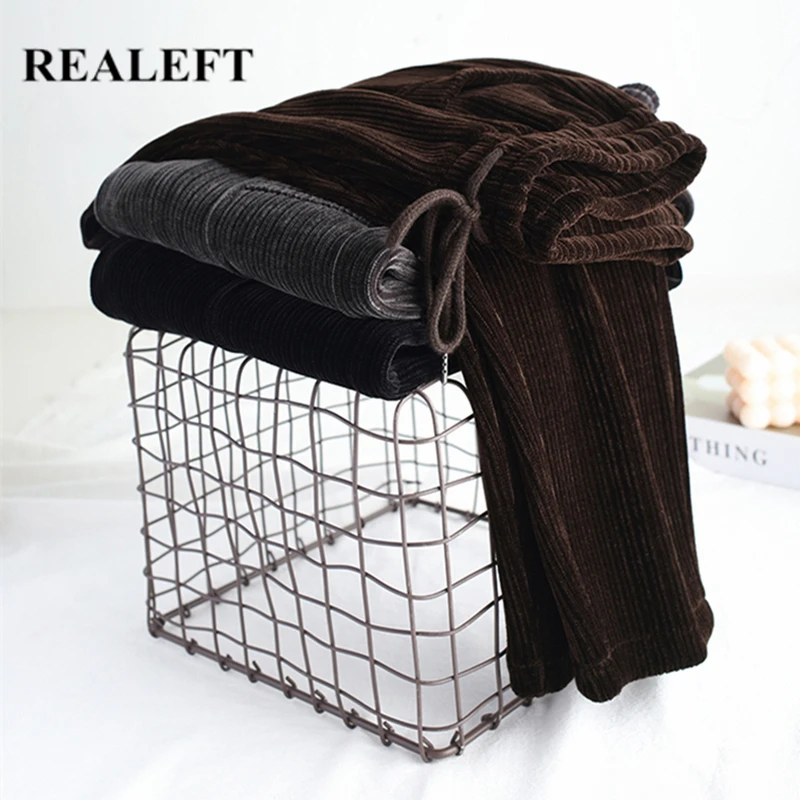 

REALEFT 2021 New Autumn Winter Loose Corduroy Warm Women's Pants Vintage Lace Up High Waist Pockets Black Harem Trousers Female