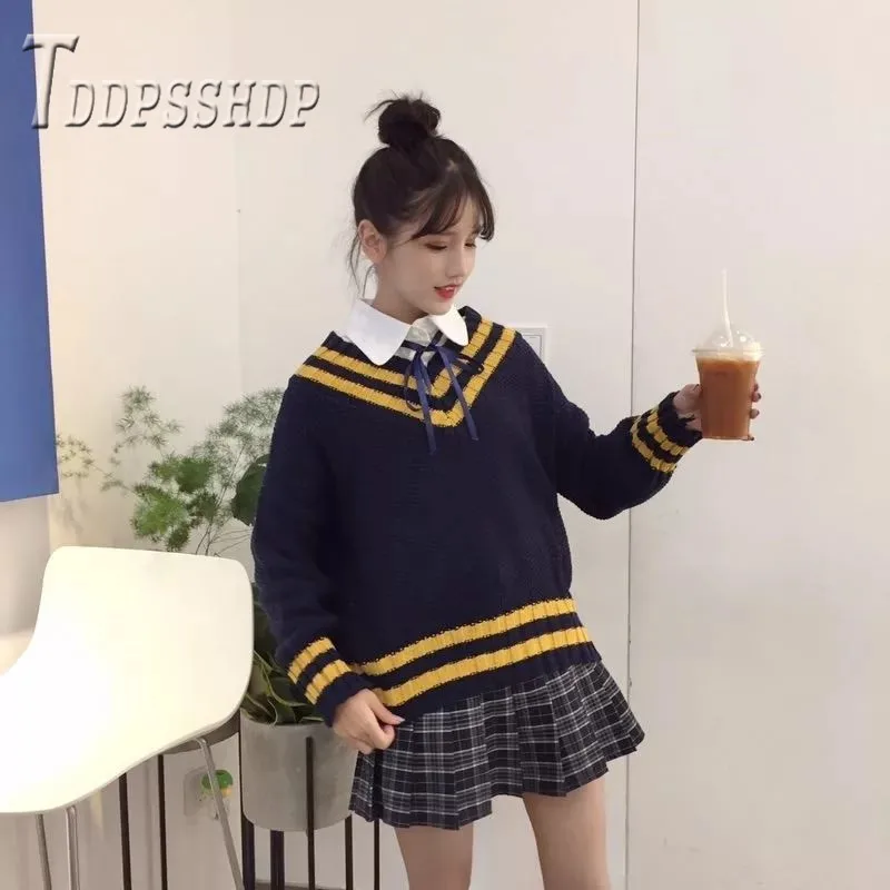 Женский свитер с V-образным вырезом Свободный пуловер в Корейском стиле длинными