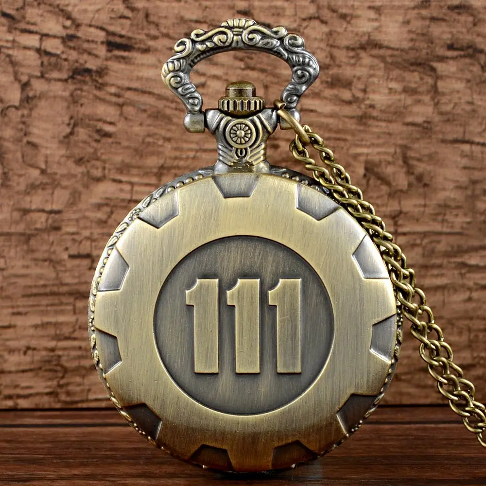 Винтажные Модные кварцевые карманные часы, бронзовая игра Fallout 4 vedle 111, стимпанк, Женское и мужское ожерелье, подвеска с цепочкой