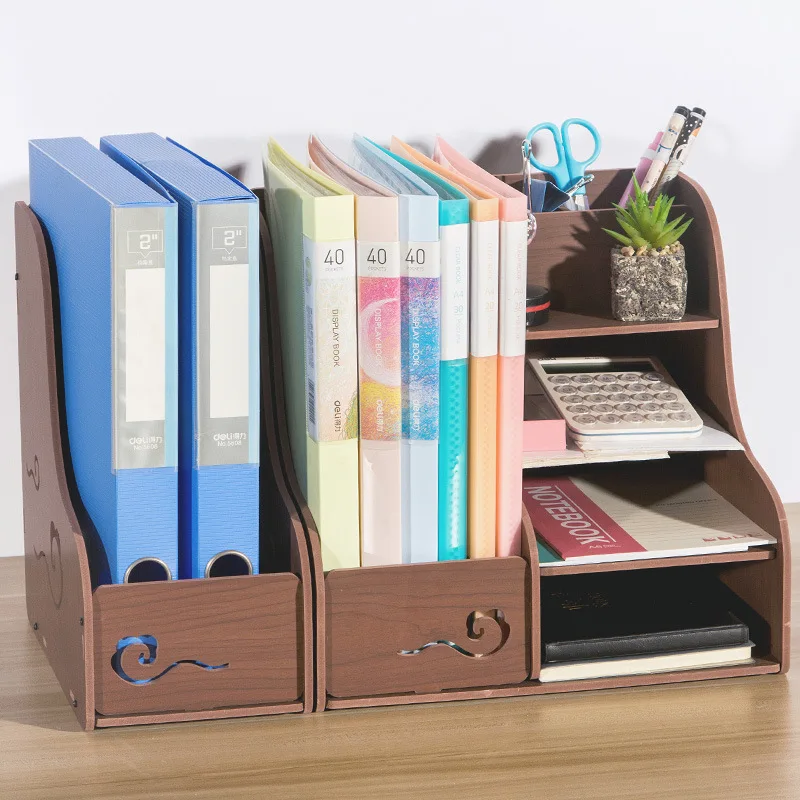

Деревянная офисная коробка для хранения, Настольный многофункциональный держатель для файлов, книга, полка, многоуровневый органайзер для ...