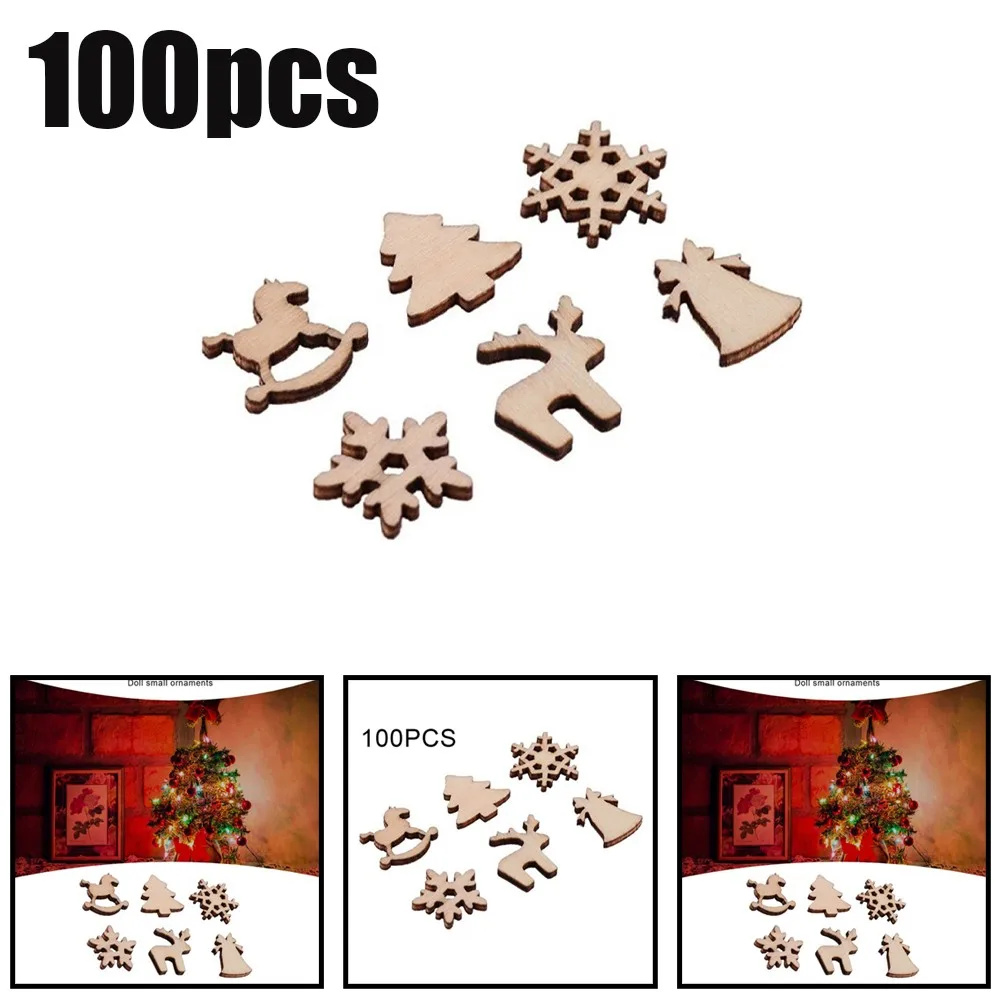 

100Pcs DIY Natural Wooden Chip Santa Claus Christmas Tree Hanging Ornaments Pendant Kids Gift Snowman Tree Shape Xmas Decoration