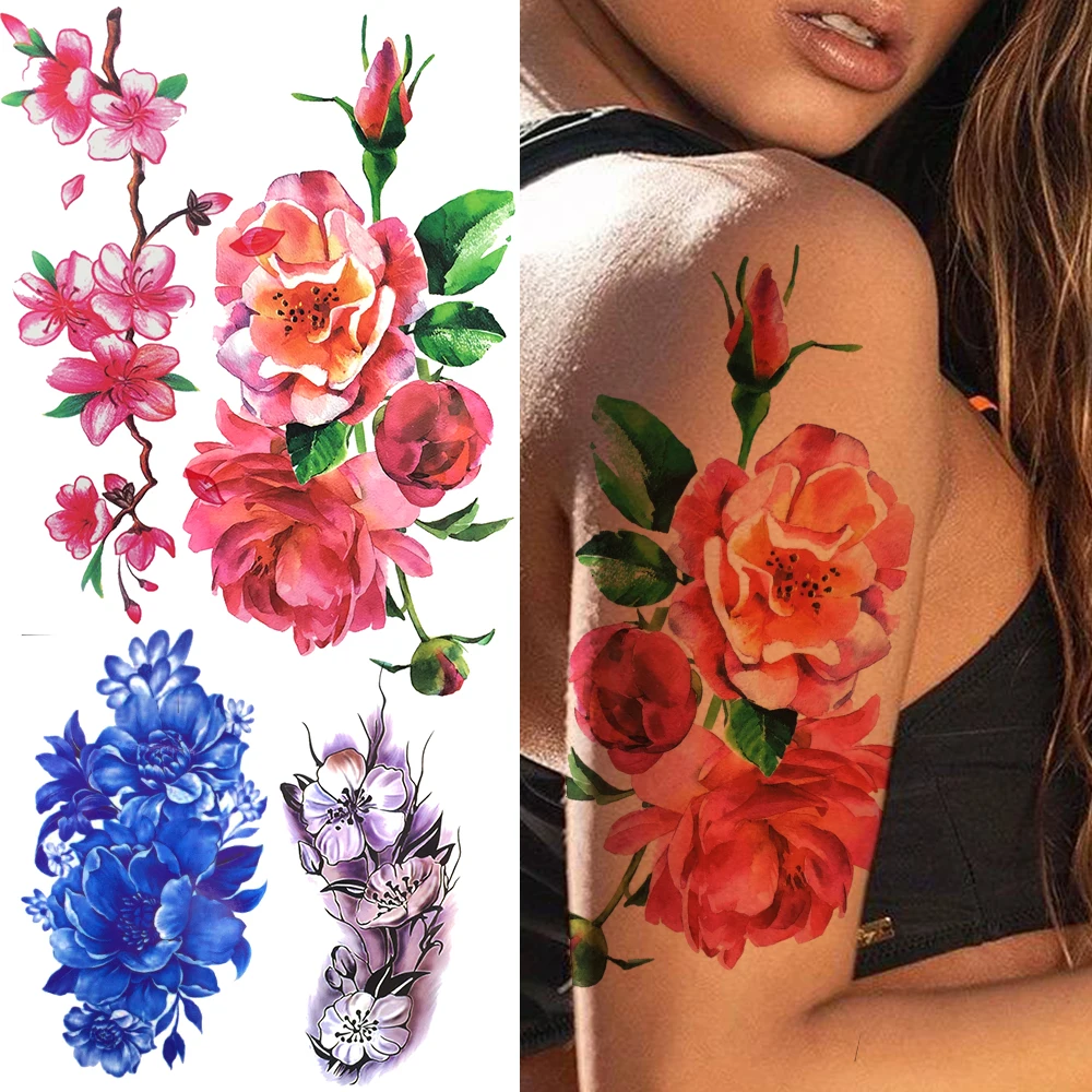 

Big Dahlia Flower Temporary Tattoos For Women Adults Watercolor Plum Blossom Fake Tattoo Sticker Lily Peony Realistic Hand Tatoo