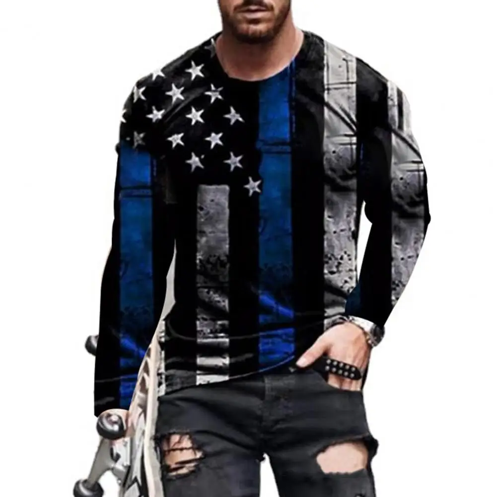 

2021 Men's T-shirts American Flag Print Long Sleeve O Neck Slim Pullover Top Male Clothing Summer New Fashion Top Vintage Tshirt