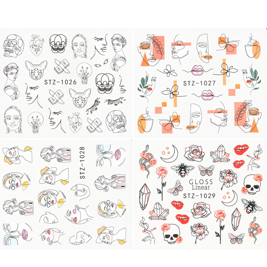 

Abstract Face Nail Stickers Black Animal Decals Foils Water Transfer Sliders For Nails Art Decorations Manicure
