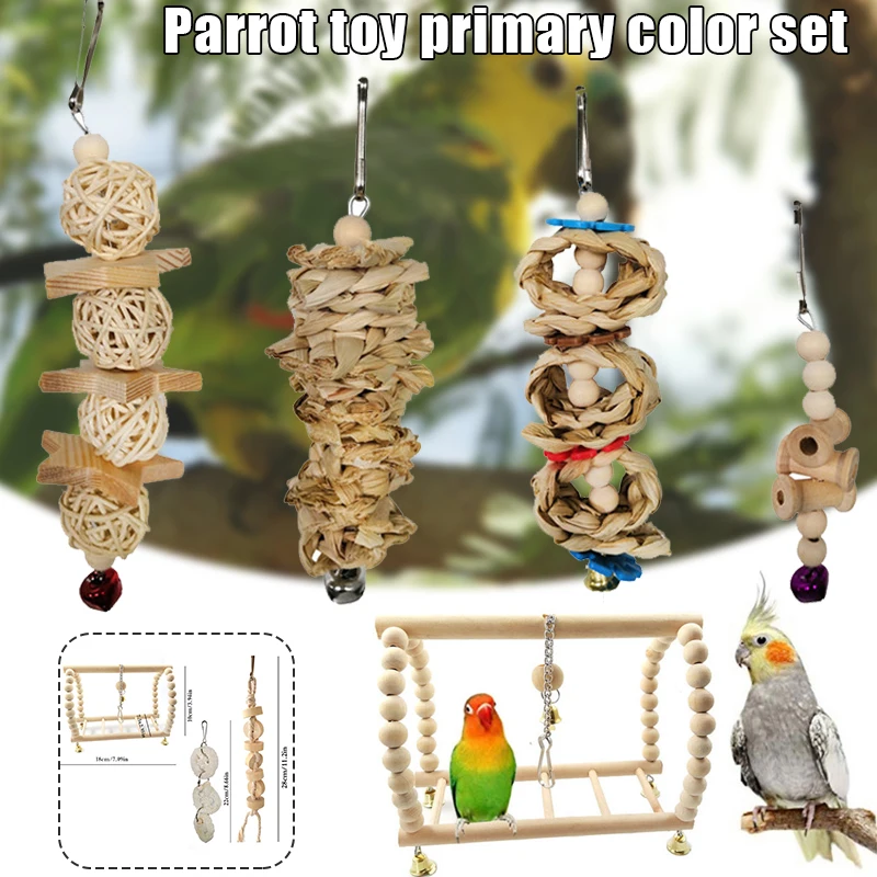

Hot 7pcs Bird Wooden Swing Chewing Toys Set Hanging Bell Bird Perch Toys for Small Parakeets Cockatiels Conures Finches