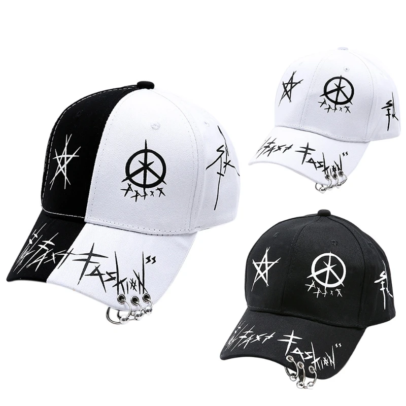 

Men Women Black White Graffiti Printed Baseball Cap with 3 Metal Rings Harajuku Hip Hop Dance Outdoor Adjustable Snapback M7DD