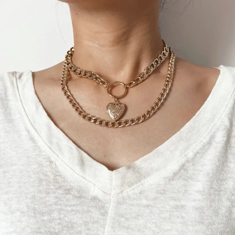 

Thick Chain Chokers for Women Vintage Round Print Heart Pendant Charms Necklace Collar Jewelry Clavicle chain Choker 2020 Hot