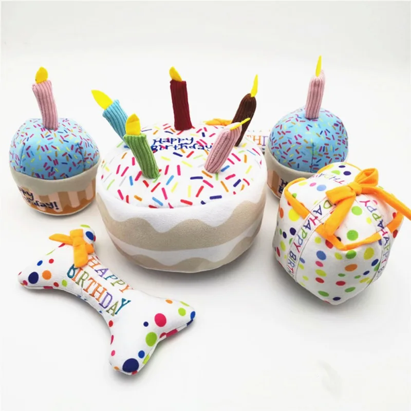 

Pet Dog Toys Funny Durability Plush Dog Toys Squeak Chew Sound Toy Pets Dog Cat Cake Shape Dog Toy Happy Birthday Resistant Gift