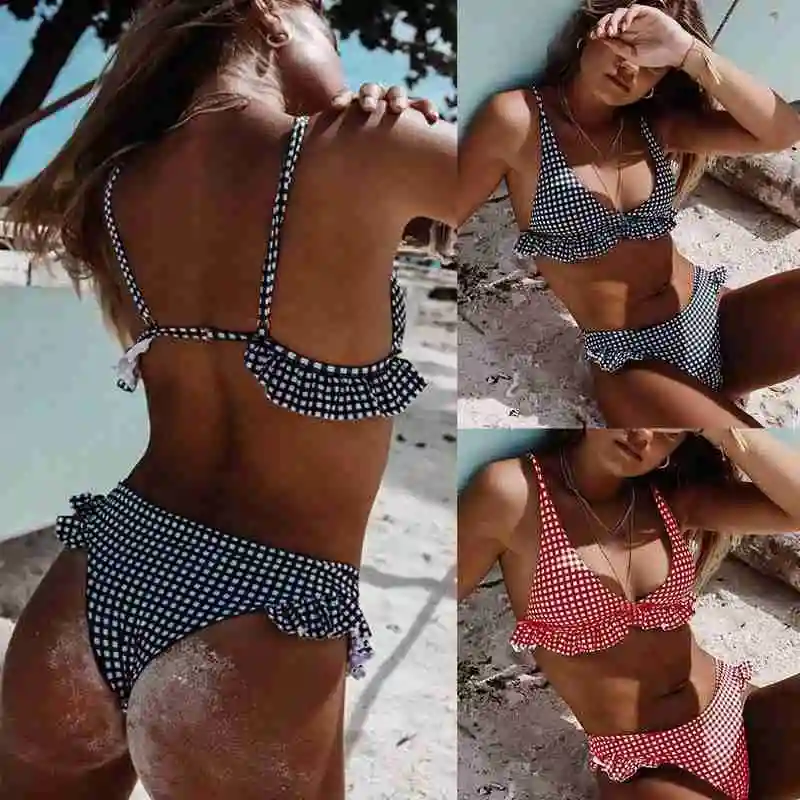 

2020 Fashion Sexy Check Bikini Suit Women Push Up Ruffled Bra Swimsuit Low Waist Panties Swimming Suit For Women